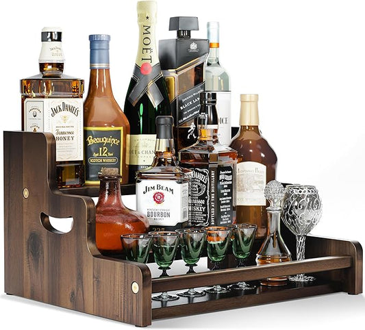 Tinamo Acacia Wood Liquor Bottle Display Shelf ??3-Tier Countertop Wine Rack, Bar Shelf ??Whiskey Bar Stand for Home, Bottle Organizer for Countertop ??Wine Holder with Handles (Walnut Color)