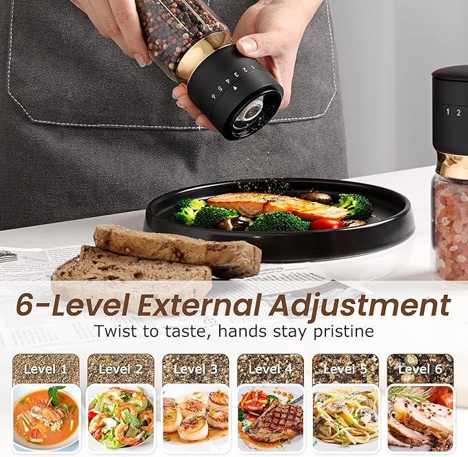 Gold Salt and Pepper Grinder Set with External Adjustable Coarseness Stainless Steel Sea Salt & Pepper Mill Set Ceramic Core Spice Grinder Refillable Glass Black and Gold Shaker Kitchen Accessories