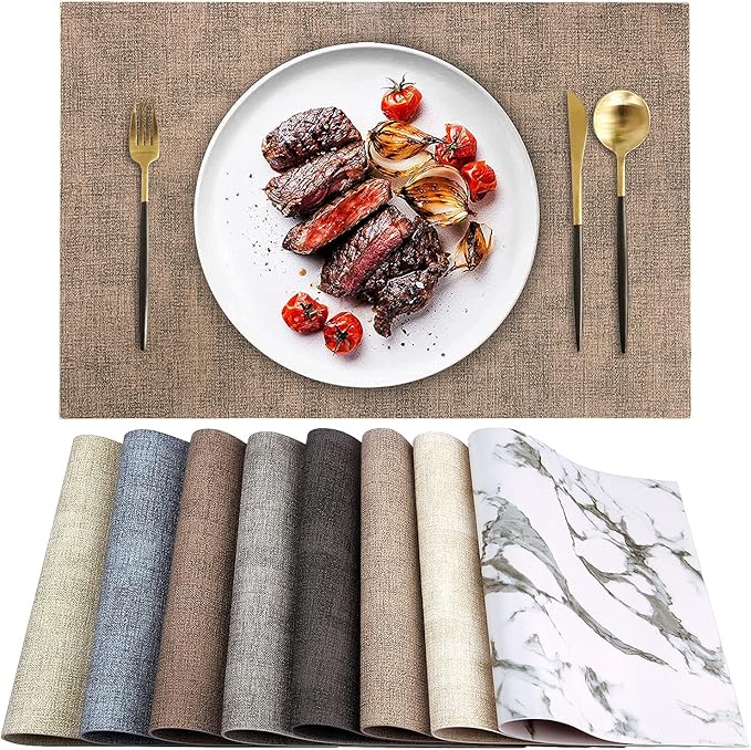 LANDVIEW Leather Heat Resistant Placemats Set of 6 Waterproof Wipeable Washable PU Table Mats,Easy to Clean Anti-Slip Place Mats (Dark Brown, 6)