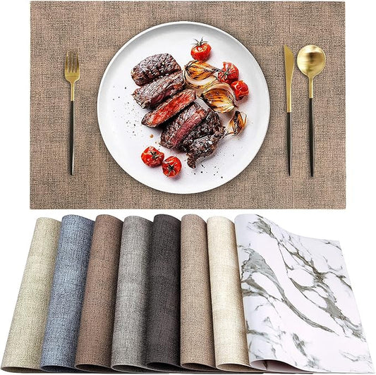 LANDVIEW Leather Heat Resistant Placemats Set of 6 Waterproof Wipeable Washable PU Table Mats,Easy to Clean Anti-Slip Place Mats (Dark Brown, 6)
