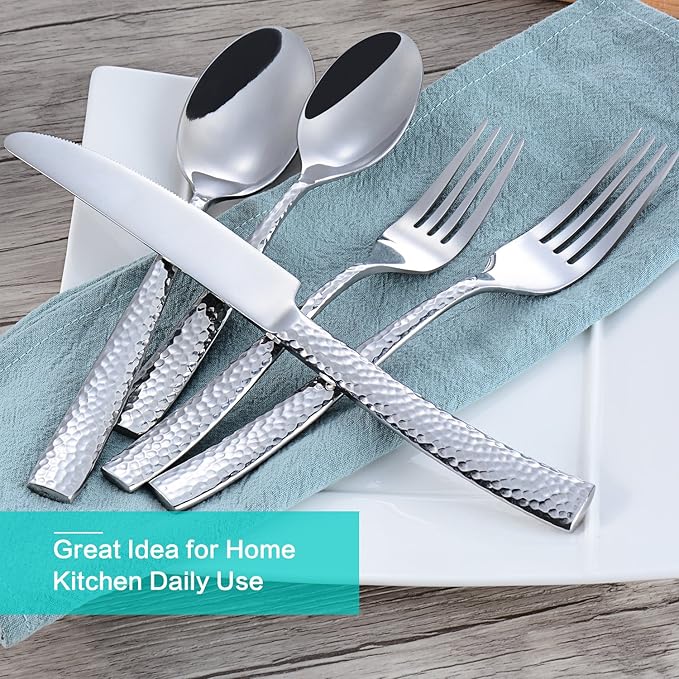 Flatware Silverware Set Hammered Mirror Polished Stainless Steel 20 Piece Set for Home Kitchen Restaurant Hotel Housewarming Wedding Gift Service for 4