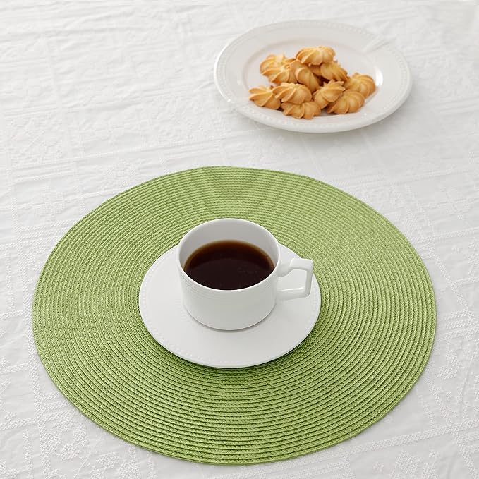HODJOY Placemats Set of 6, Round Placemats for Dining Tables, Washable Woven Placemats for Christmas 15 inch (Pea Green)