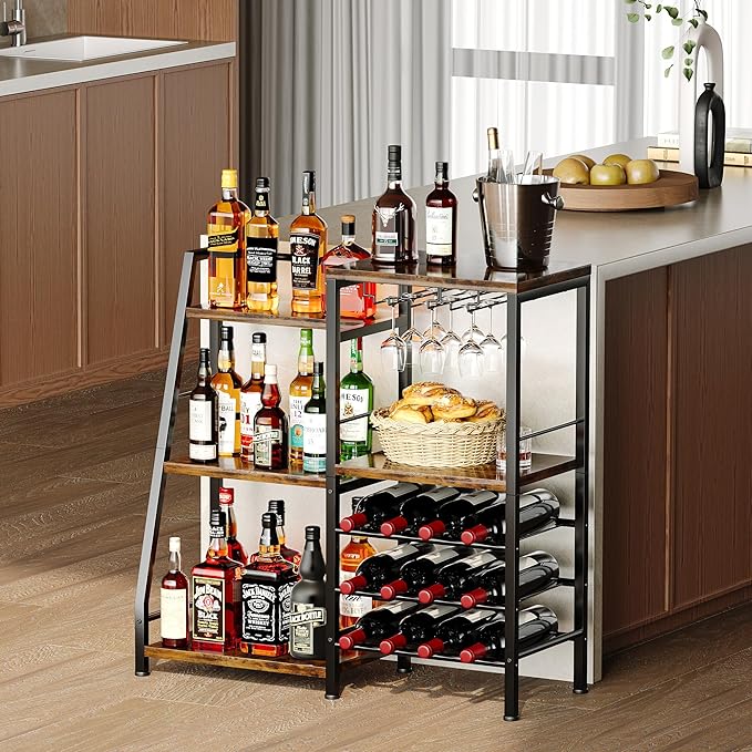 Homeiju Liquor Cabinet Bar for Home Bar, 3 Tier Wine Rack Freestanding Floor with Glass Holder and Fences, Trapezoidal Liquor Bottle Display Shelf for Liquor Whiskey Wine, Brown