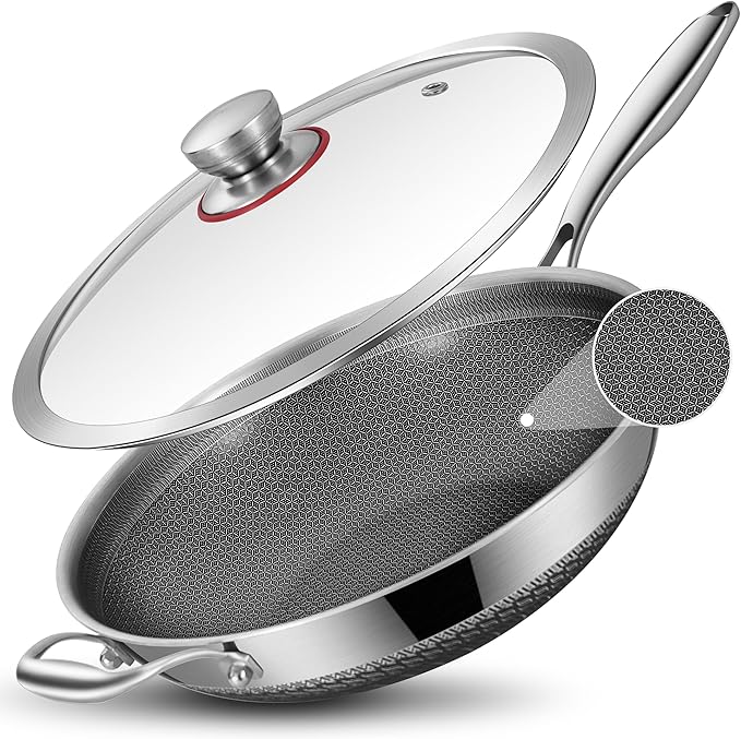 LOLYKITCH 13-inch Nonstick Wok & Stir-fry Pan with Lid, Induction Compatible, Tri-ply Stainless Steel Ceramic Coating Cookware, Perfect for Stir-frying, Saut챕, and Simmering, Dishwasher and Oven Safe