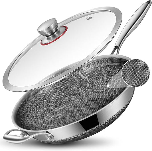 LOLYKITCH 13-inch Nonstick Wok & Stir-fry Pan with Lid, Induction Compatible, Tri-ply Stainless Steel Ceramic Coating Cookware, Perfect for Stir-frying, Saut챕, and Simmering, Dishwasher and Oven Safe