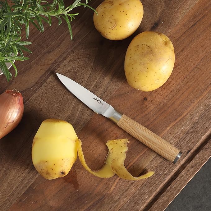 Babish 1.4116 German Stainless Steel Paring Knife with Light Pakka Wood Handle ??3.5-Inch Precision Kitchen Knife for Peeling, Trimming & Prep Work, Full-Tang Blade