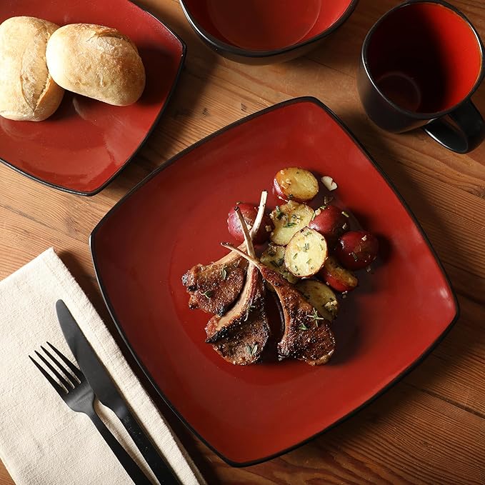 Gibson Elite Soho Lounge Square 16-Piece Dinnerware Set, Service for 4, Reactive Glaze Stoneware Plates and Bowls, Modern Dishes, Microwave & Dishwasher Safe ??Red and Black