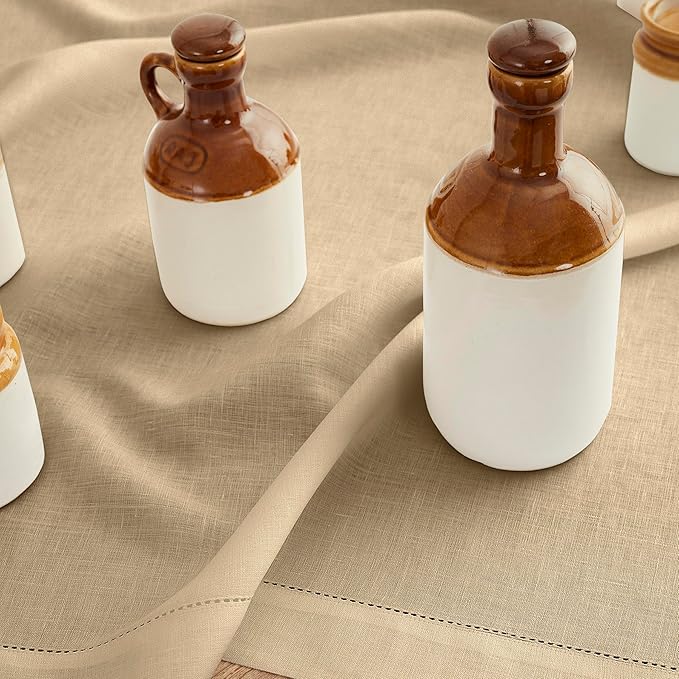 Solino Home Beige Linen Tablecloth 60 x 120 Inch - Classic Hemstitch, 100% Pure Linen Rectangular Tablecloth - Machine Washable Table Cloth for Spring, Easter