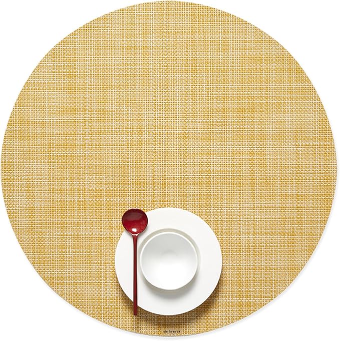 Chilewich Mini Basketweave Placemats in Ochre - Set of 4 - Easy Care Woven Tabletop Textiles - Indoor/Outdoor - 15" Round