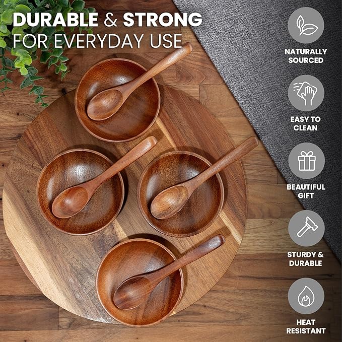 Zulay Kitchen Teak Wood Dipping Bowls with Spoons Set ??8 Piece Wooden Serving Set with 4 Mini Bowls and 4 Small Spoons, Handcrafted Natural Teak Wood, Durable & Smooth Finish