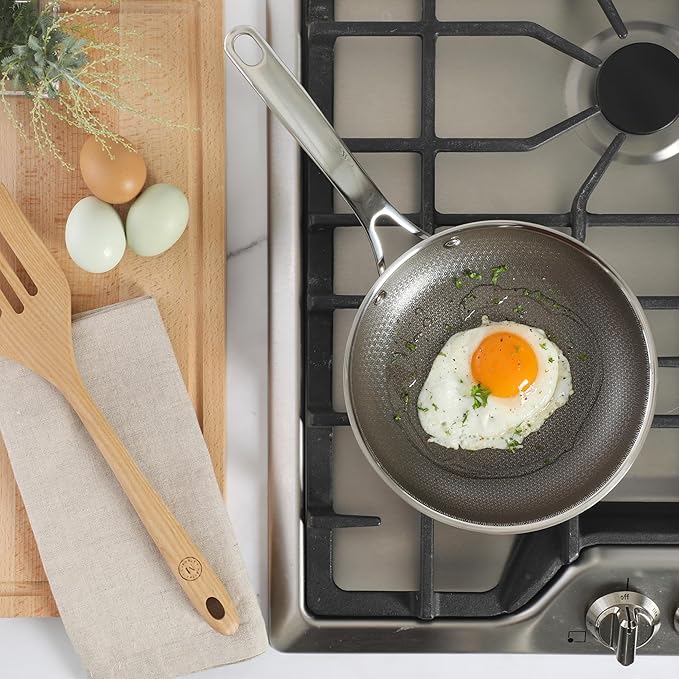 Martha Stewart Badgley Hybrid Nonstick 8 Inch TriPly Stainless Steel Fry Pan & Stay Cool Handle - Laser Etched Non-Toxic Perfect Sear Nonstick Skillet - Dishwasher and Induction Safe