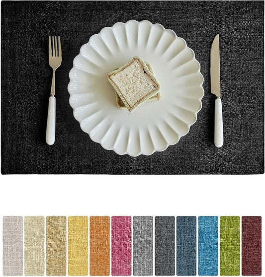 Softalker Faux Linen Placemats Set of 6-12 x 18 Inch, Heat Resistant Double Layered Durable Burlap Farmhouse Place Mats, Non-Slip Washable Rustic Table Mats for Dining, Kitchen, Party竊뉰lack