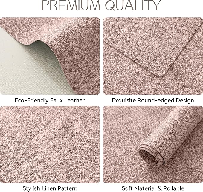 Romanstile Vinyl Placemats Set of 8-12 X 17 Inch - Heat Resistant Place Mats 100% Waterproof Oilproof Wipeable Reversible Faux Leather Table Mats for Kitchen, Dining, Party, Outdoor, Pink