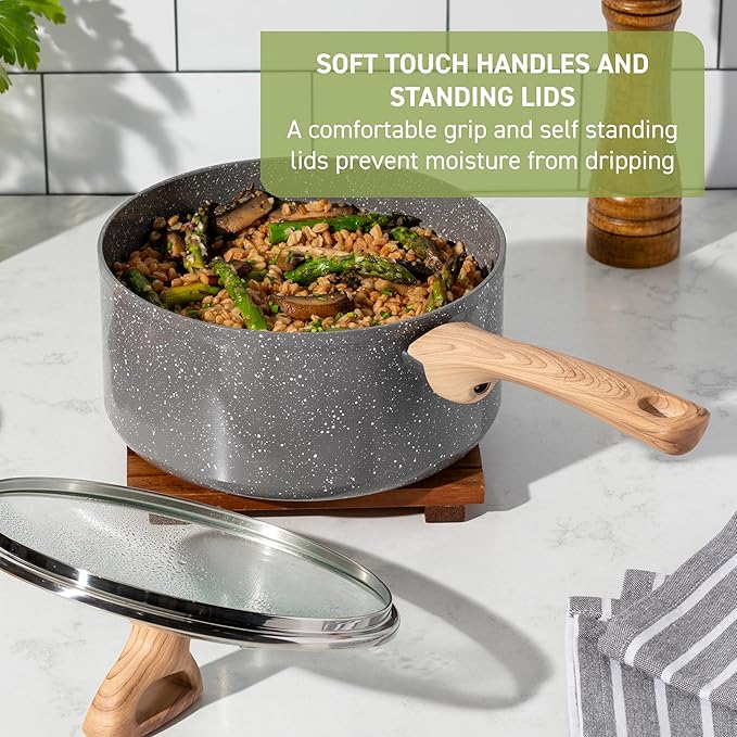 T-fal Revive Ceramic Cookware Sets, Pots and Pans Set Nonstick, (12 pieces), Ceramic Non stick Coated, Frying Pan, Oven Safe Up To 350째F, Grey Granite