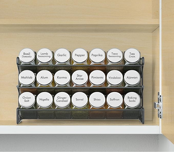 SpaceAid Spice Rack Organizer with 21 Spice Jars, 386 Spice Labels, Chalk Marker and Funnel Set for Cabinet, Countertop, Pantry, Cupboard or Door & Wall Mount - 21 Jars, 13.4" W 횞 9" H, White
