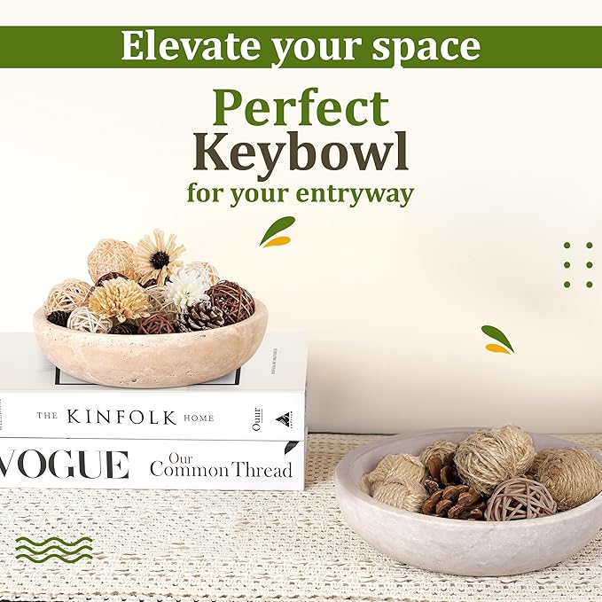 Travertine Decorative Bowl - 7.8??Diameter & 2??Height - Key Bowl for Entryway Table - Organic Modern Centerpiece - White/Gray
