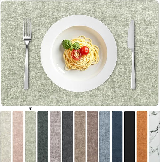FROMHEART Faux Leather Placemats Set of 8?밯aterproof,Heat/Oil Stain-Resistant PU Table Mat?밨eversible,Non-Slip,Easy to Clean Place Mats for Kitchen,Dining,Indoor/Outdoor,(Light Green,11.8" x 17")