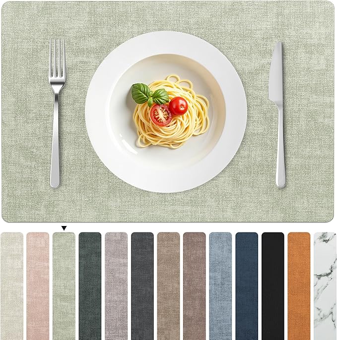 FROMHEART Faux Leather Placemats Set of 12?밯aterproof,Heat/Oil Stain-Resistant PU Table Mat?밨eversible,Non-Slip,Easy to Clean Place Mats for Kitchen,Dining,Indoor/Outdoor,(Light Green,11.8" x 17")