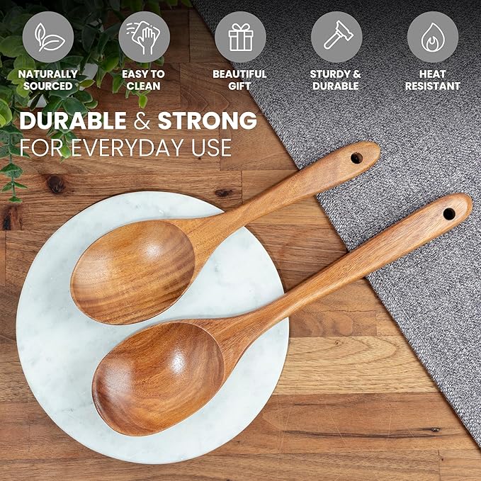 Zulay Kitchen Teak Wood Utensil Set ??2 Piece Large and Small Wooden Cooking Spoons, Handcrafted Natural Teak Wood Kitchen Utensils, Durable, Nonstick Safe & Smooth Finish