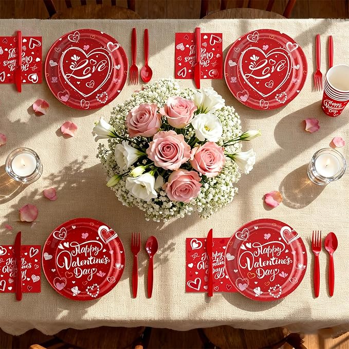 168 Pcs Valentine's Day Tableware Set - Serves 24, Heart & Love-Themed Disposable Paper Plates, Cups, Napkins, Forks, Spoons, Knives for Valentines Day Party, Wedding ,Bridal Shower,Holiday Gatherings