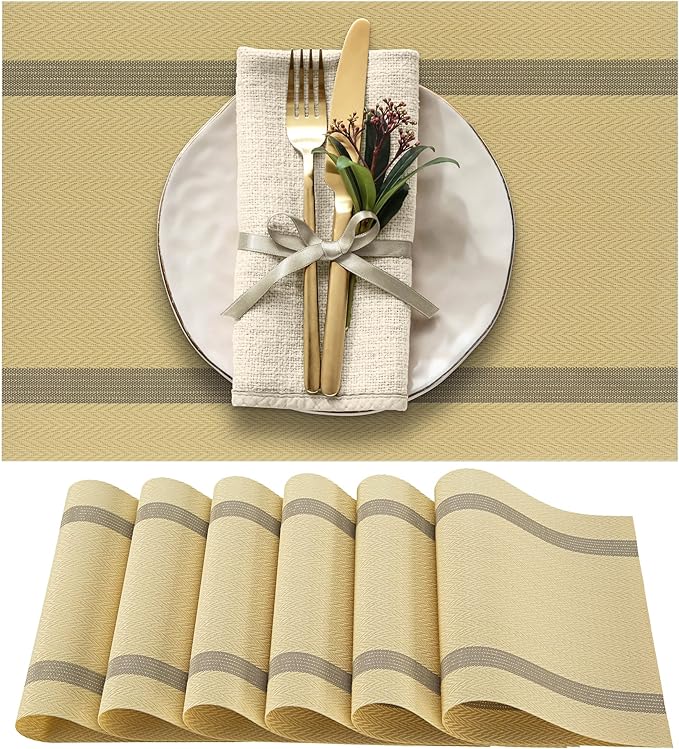 More D챕cor Dining Table Placemats, Washable Heat-Resistant PVC Vinyl Table Mats for Dining Room and Kitchen, Anti-Slip - Set of 6 - Dust Yellow