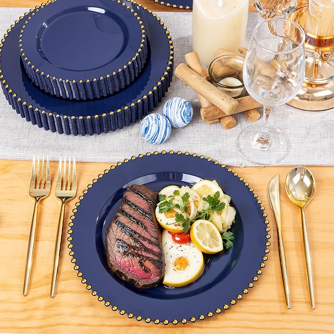EI 60pcs Dark Blue Plastic Plates with Gold Rim Disposable,Blue Plastic Plates Disposable for Party,Heavy Duty Dinner/Dessert Fancy Elegant Plate for Wedding,Birthday,Afternoon Tea