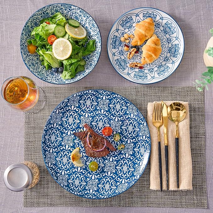 Bestone Porcelain Dinnerware Sets Service for 4, 12 pcs Hand drawn Plates and Bowls Sets, Handmade Ceramic Dish Set, Chip Resistant Modern Plate Set, Dishwasher/Microwave Safe竊똙intage Blue