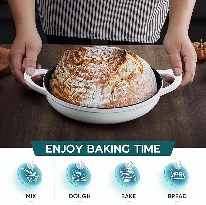 E-far Dutch Oven for Sourdough Bread Baking, 6 Qt Round Enameled Cast Iron Dutch Oven for Homemade Artisan Bread, Dome Lid & Shallow Base, Matte Black Interior & Durable, Oven-Safe to 500?? White