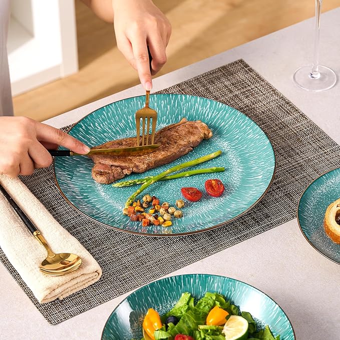 Bestone 12-Piece Round Porcelain Dinnerware Set, Service for 4, Chip Resistant Plates and Bowls,Green, Dishwasher & Microwave Safe for Home Daily Use