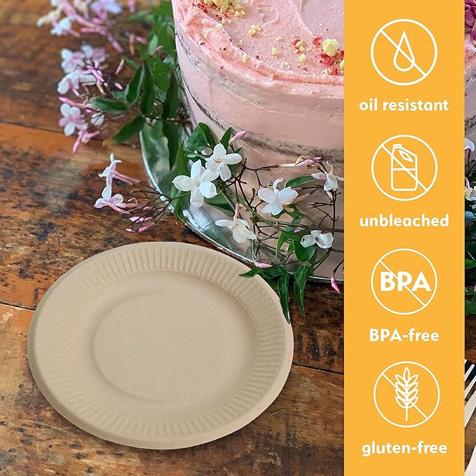 100% Compostable Disposable Paper Plates Bulk [6" 1000 Pack], Bamboo Plates, Eco Friendly, Biodegradable, Sturdy Small Dessert Party Plates, Heavy-Duty, Unbleached by Earth's Natural Alternative