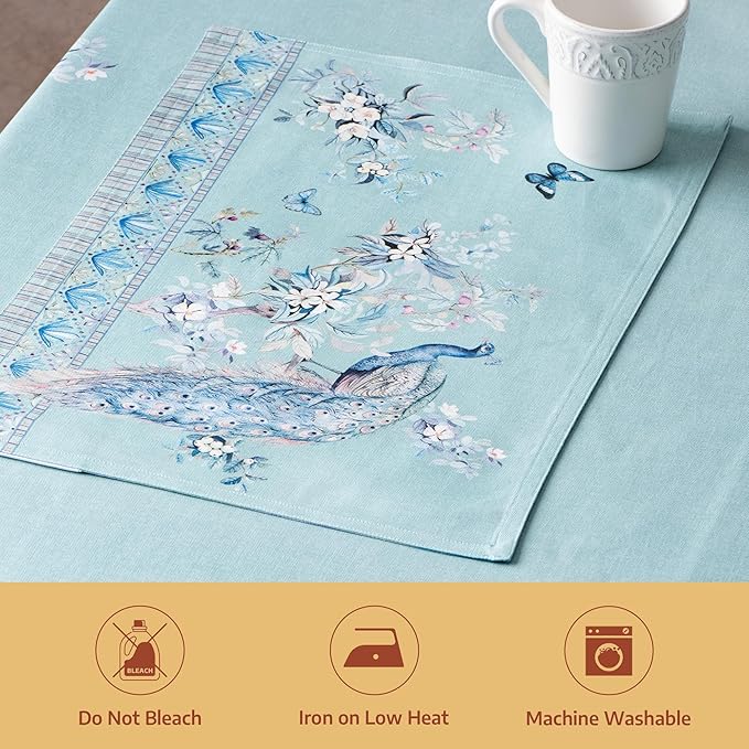 Maison d' Hermine Placemat 100% Combed Cotton Premium Set of 4 Decorative Washable Place Mats Table Cloth Placemat, Dining & Camping - Peacock Utopia - Pastel Turquoise(13"x19")