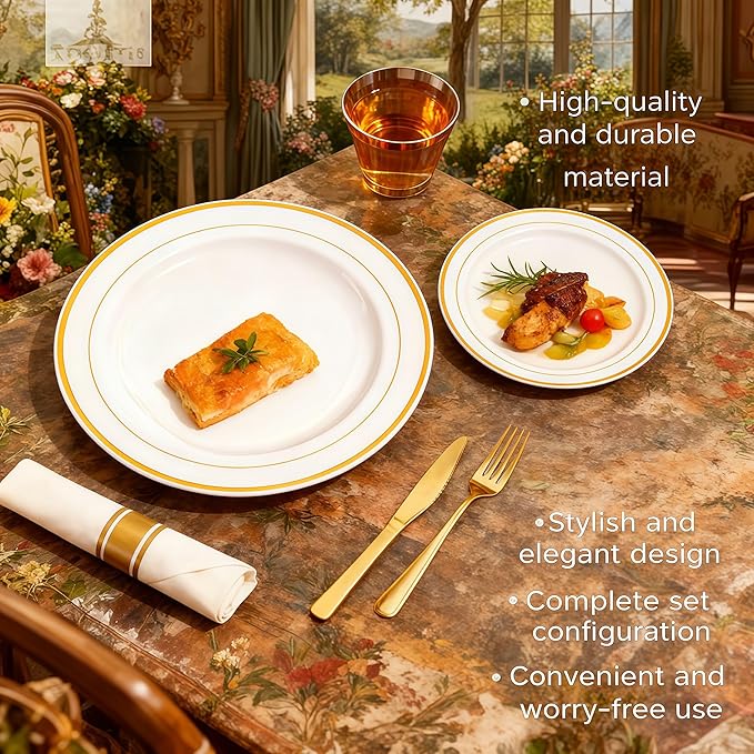 Elegant Wedding Disposable Plates Gold Dinnerware Sets for 25 or 50 Guests for Reception (350)
