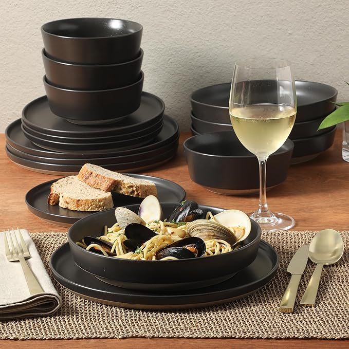 Gibson Elite Overbrook 16-Piece Pottery Clay Stoneware Dinnerware Set ??Black Reactive Glaze, Stackable Plates and Bowls W/Pasta Bowl, Service for 4 ??Microwave & Dishwasher Safe