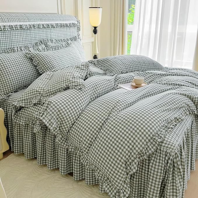 LifeTB Green Gingham Comforter Set Full Size Ruffle Plaid Checkered Pattern Comforter Farmhouse Grid Plaid Gingham Bedding Comforter Set with 2 Pillowcases Fluffy Soft Lightweight Grid Bedding Set