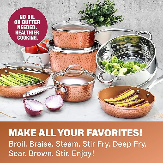 Gotham Steel Hammered 15 Pc Ceramic Cookware Set Nonstick, Deep Copper Pots and Pans Set Non Stick with Bakeware & Deep Fry Pan, Non Toxic PFOA PFOS Free, Induction Oven and Dishwasher Safe