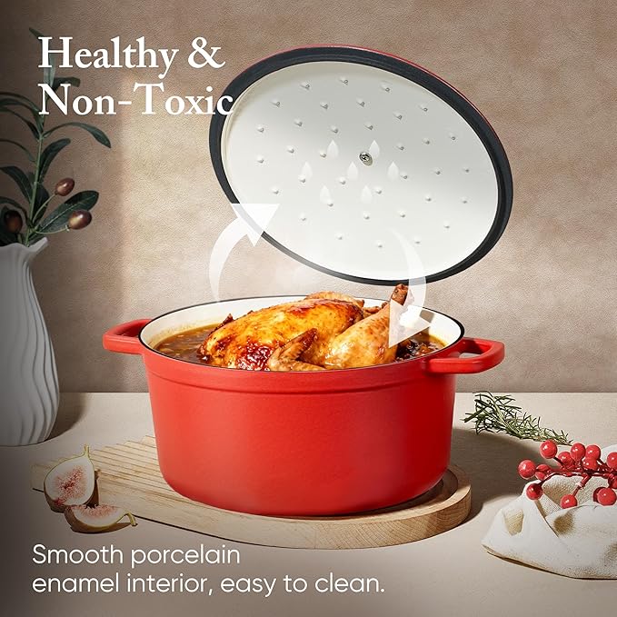 CAROTE Enameled Cast Iron Dutch Oven Pot with Lid, 4 QT Dutch Ovens, Heavy-Duty Cast Iron Pot for Sourdough Bread Baking, Braising, Stews, Roasting, Healthy & Non-Toxic, Dual Handles, All Stovetop Compatible, Oven Safe up to 500째 F, Red