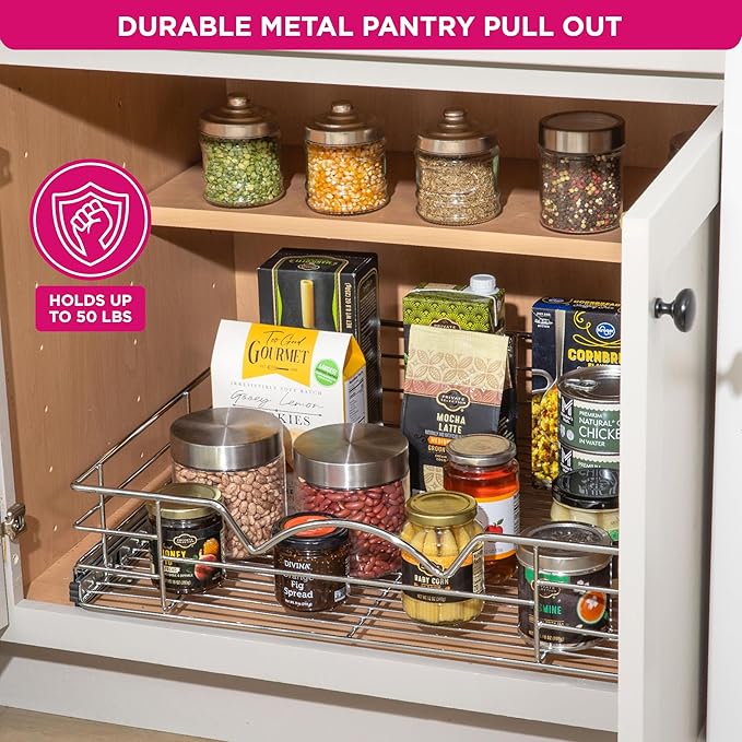 HOLDN??STORAGE Heavy-Duty Premium Collection Pull Out Cabinet Organizer, Cabinet Drawer Slide Outs, Lifetime Limited Warranty - Basket Size 22" W x 21" D x 5" H, Anti-Rust Chrome Finish