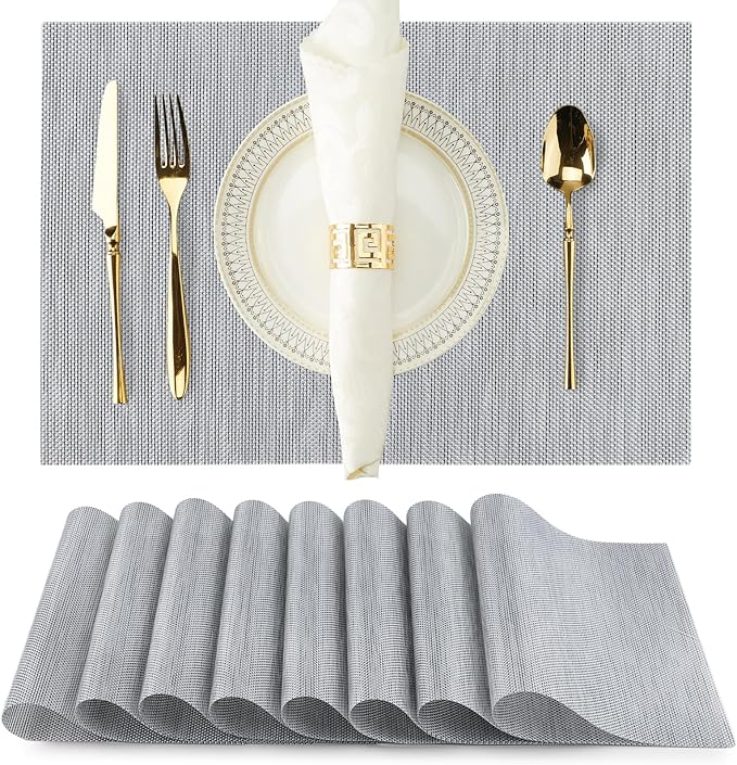 Sliver White Placemats Set of 8 Durable Heat Resistant Non-Slip Washable Place Mats PVC Vinyl Woven Table Mats for Dining Table Size 12 x 17 Inch