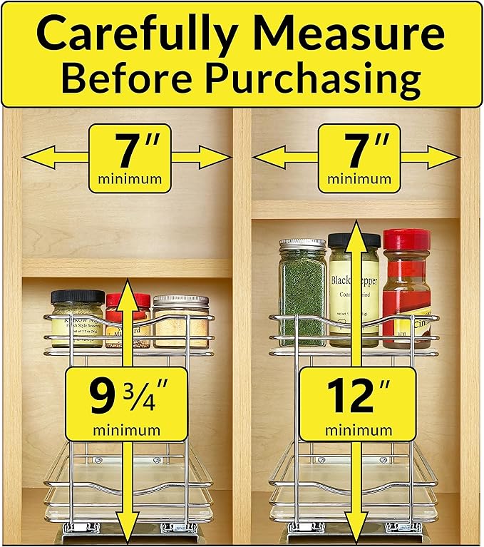 LYNK PROFESSIONAL짰 Pull Out Spice Rack Organizer for Inside Kitchen Cabinets - 6-3/8 inch Wide - Slide Out Drawer ??Chrome Sliding Spice Cabinet Organization Shelf Racks - 2 Tier