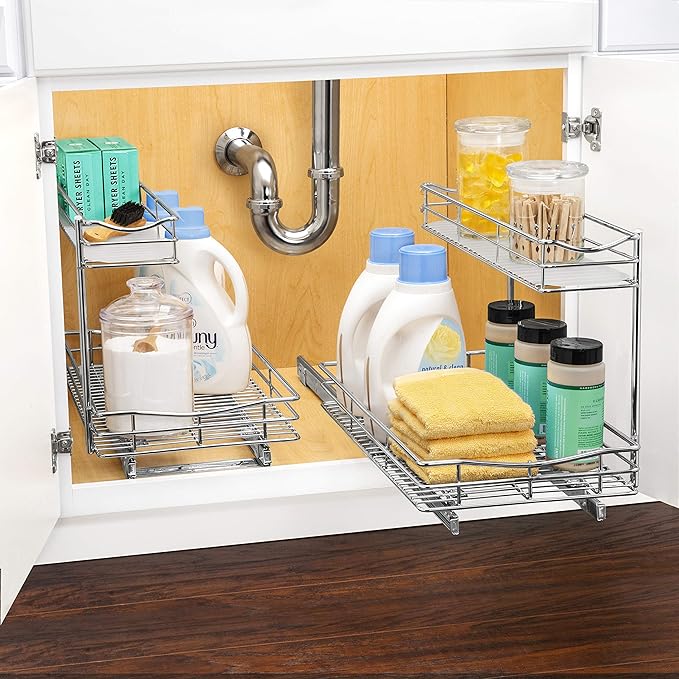 LYNK PROFESSIONAL짰 Pull Out Under Sink Kitchen Cabinet Organizer - 11.5 in. x 21 inch deep Drawer - Sliding Shelf Organizer for Cabinets and Undersink Storage Shelves - Lifetime Ltd. Warranty ??Chrome