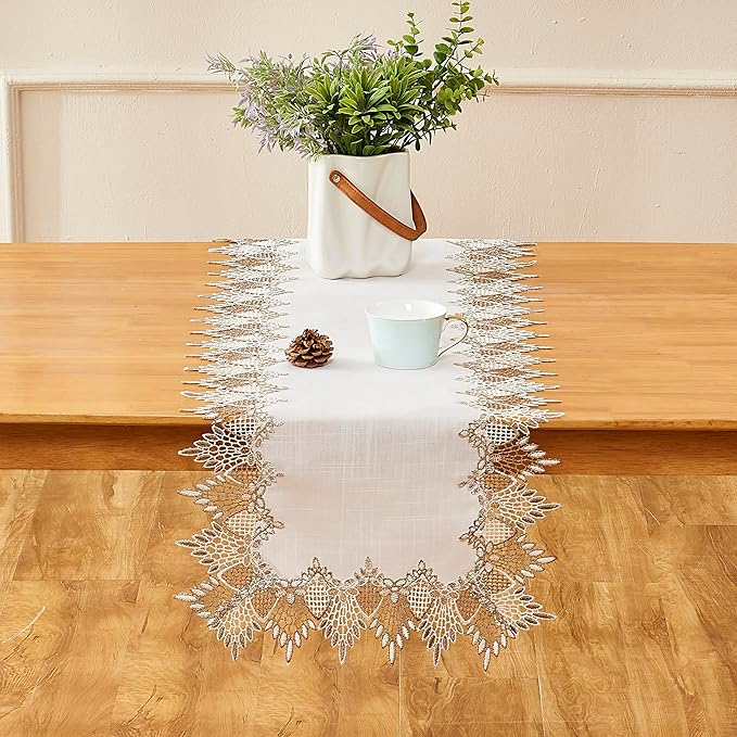 Raedan White Linen Table Runner 72 inches Long, Neutral Earth Tones Beige Lace Vinyl Dresser Scarf for Kitchen Coffee Table Wedding Party Home Decor (White, 16?쓝72??