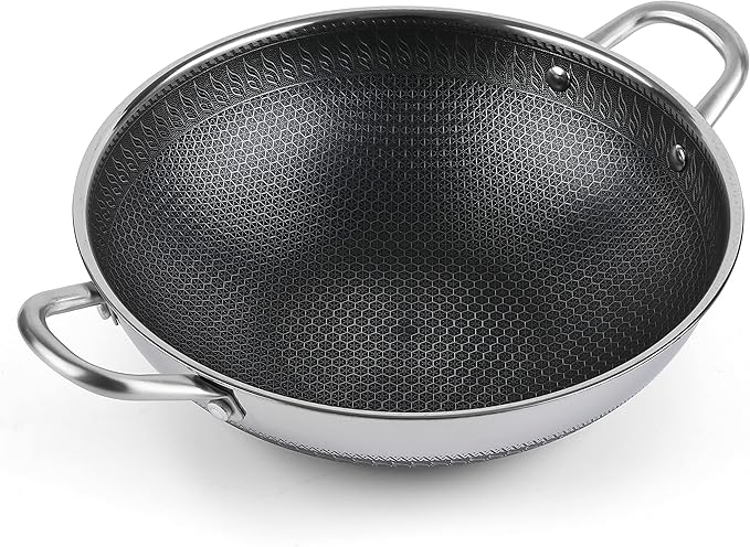 Hikaru 12.5??Wok Pan with Dual Honeycomb Wok Stainless Steel Wok Pan with Nonstick Coating, Frying Pans Cookware, Two Handles,Works with Induction ,Gas, Electric, Ceramic Furnace Stove, Without Lid