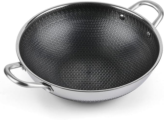 Hikaru 12.5??Wok Pan with Dual Honeycomb Wok Stainless Steel Wok Pan with Nonstick Coating, Frying Pans Cookware, Two Handles,Works with Induction ,Gas, Electric, Ceramic Furnace Stove, Without Lid