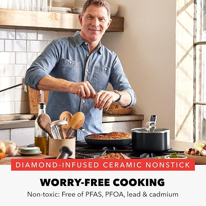 GreenPan x Bobby Flay 2 Piece- 8??and 10??Nonstick Frying Pan Skillet Set, PFAS-Free Diamond Ceramic, Induction Suitable, Stay-Cool Silicone Handle, Easy Clean Dishwasher & Oven Safe, Black