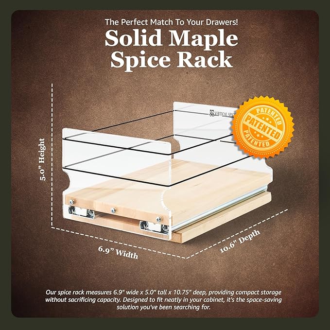 Vertical Spice Solid Maple Storage Rack Drawer - Sliding Spice Rack - Pantry Organizers and Storage - Kitchen Cabinet Organizer - Pull Out Shelf - Made in USA - 1 Drawer (6.9" W x 5.0" H x 10.6" D)