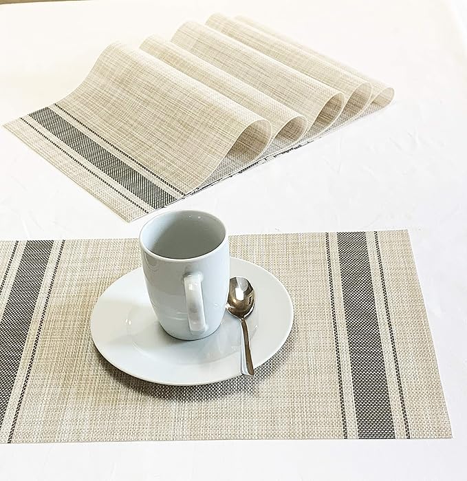 Set of 12 PVC Dark Gray Vinyl Woven Place mats, 12" x 18" Heat Insulation Stain Resistant Placemats for Kitchen-Dining Table Durable Cross Weave Woven Vinyl Kitchen Table Mats Placemat (Dark Gray)