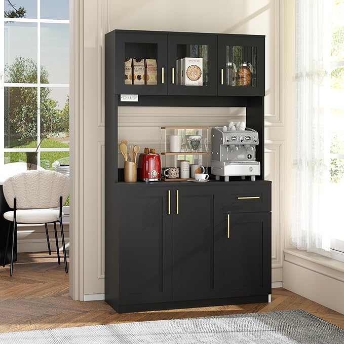 Tall Kitchen Pantry Cabinet with Hutch: Food Pantry Storage Cabinet with Drawers, Black Kitchen Cupboard Cabinets Free Standing, Buffet Hutch Cabinets with Doors and Shelves (Black)