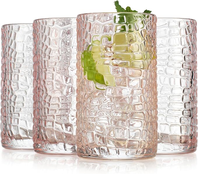 Glaver's Highball Glasses Set of 4 Pink Drinking Glasses, 15 Ounce Crackle Textured Newly Designed Patent Design Glassware Elegant Heavy Duty Drinkware Set, Home Bar Kitchen Water Juice Cocktails