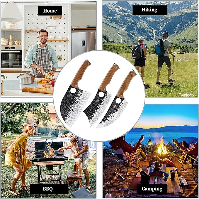 JJOO 3PCS Butcher Knife, Stainless Steel Butcher Knife Set with Wooden Handle, 7" Butcher Meat Cleaver, 7" Serbian Chef Knife and 6.5" Viking Knife, Indoor & Outdoor Use (Stylish Pattern)