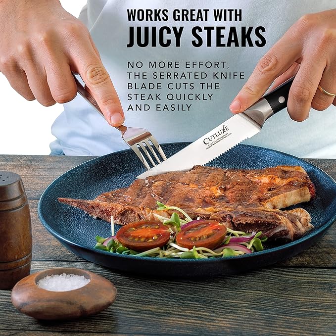 Cutluxe Steak Knives Set of 4, Serrated Steak Knives ??Forged High Carbon German Steel, Full Tang, Ergonomic Handle Design ??Artisan Series